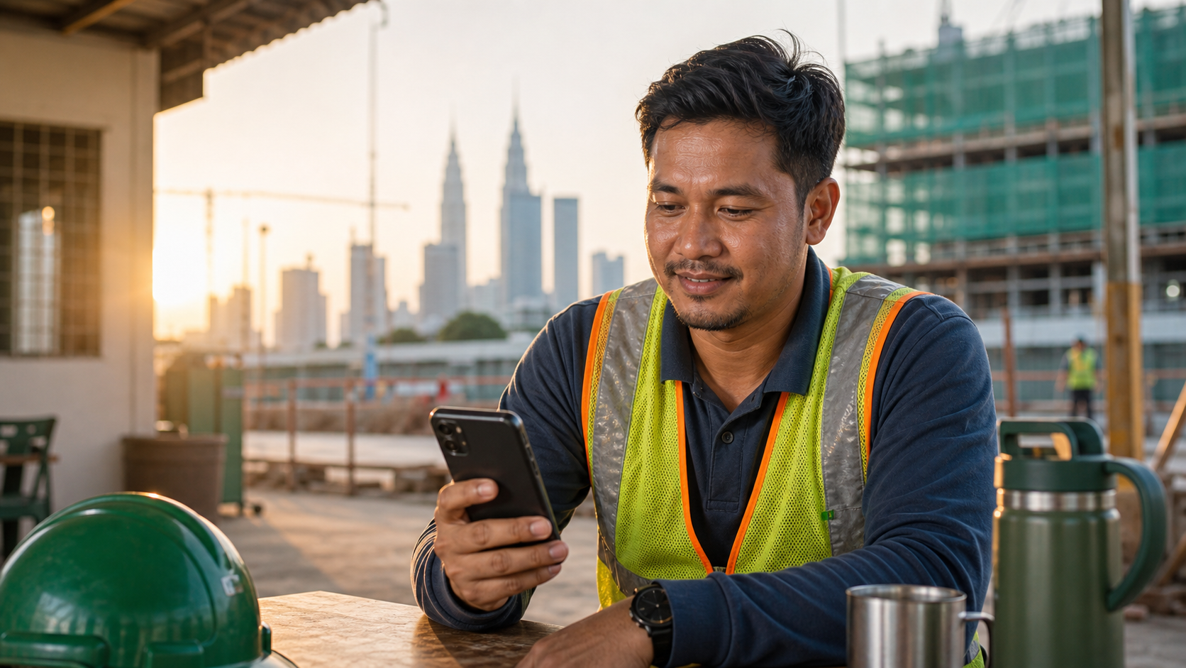 Pekerja konstruksi Indonesia di Malaysia menyiapkan transfer lewat ponsel setelah bekerja