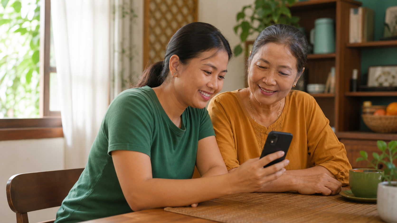 မိသားစုသည် phone တွင် money received confirmation ကို ကြည့်နေသည်