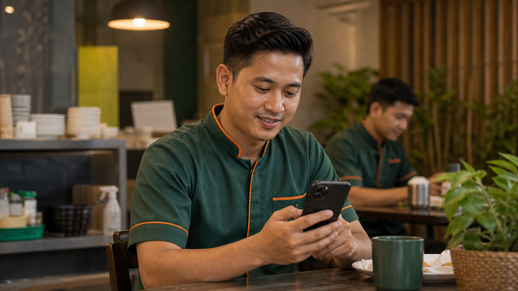 Malaysia တွင် အလုပ်ပြီးနောက် phone ဖြင့် transfer ပြင်ဆင်နေသော worker